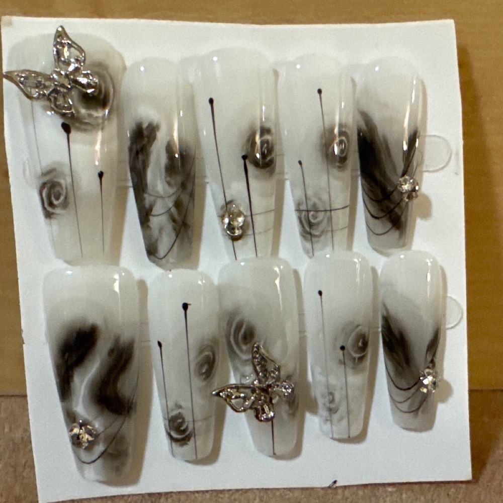 White Black Marble Press On Nails Long Coffin Butterfly Rhinestone 3D Art 10pc
